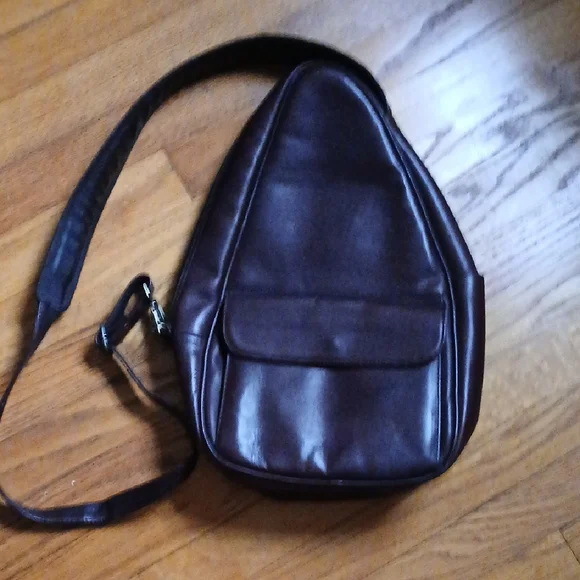 Brown Leather Sling-Style Shoulder Bag ■ Adjustable Padded Strap - Picture 1 of 12